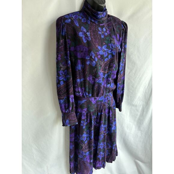 Vintage Patty ONeil Midi Dress 8 Dark Floral Paisley Purple High Neck Whimsigoth - Picture 5 of 14